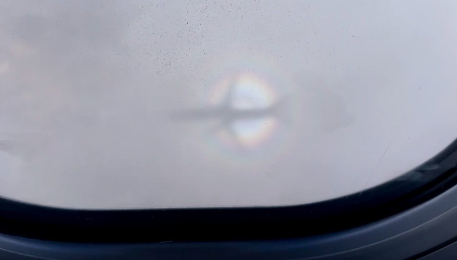 A full circle rainbow of colors surrounds the shadow of a plane on clouds.