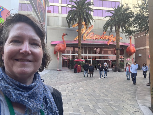 A woman is pictured in front of the Flamingo Hotel