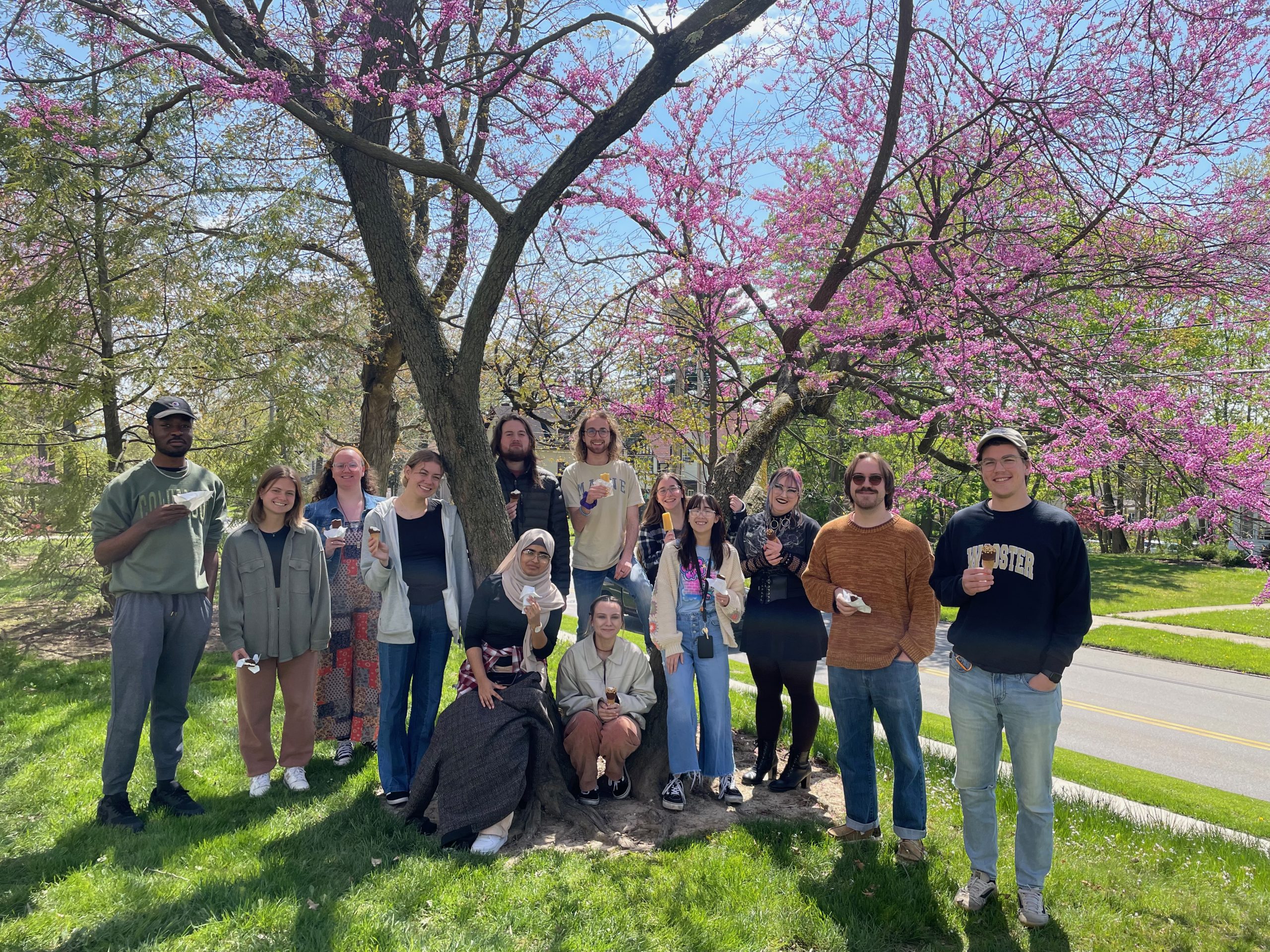 Students stand on a sunny lawn in front of a blooming redbud tree.